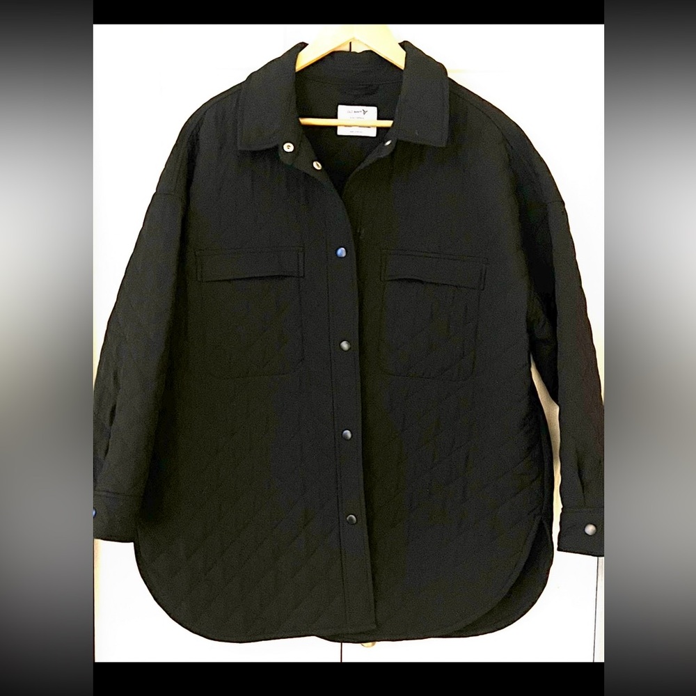 Quilted Button-Front Shacket Jacket - Black